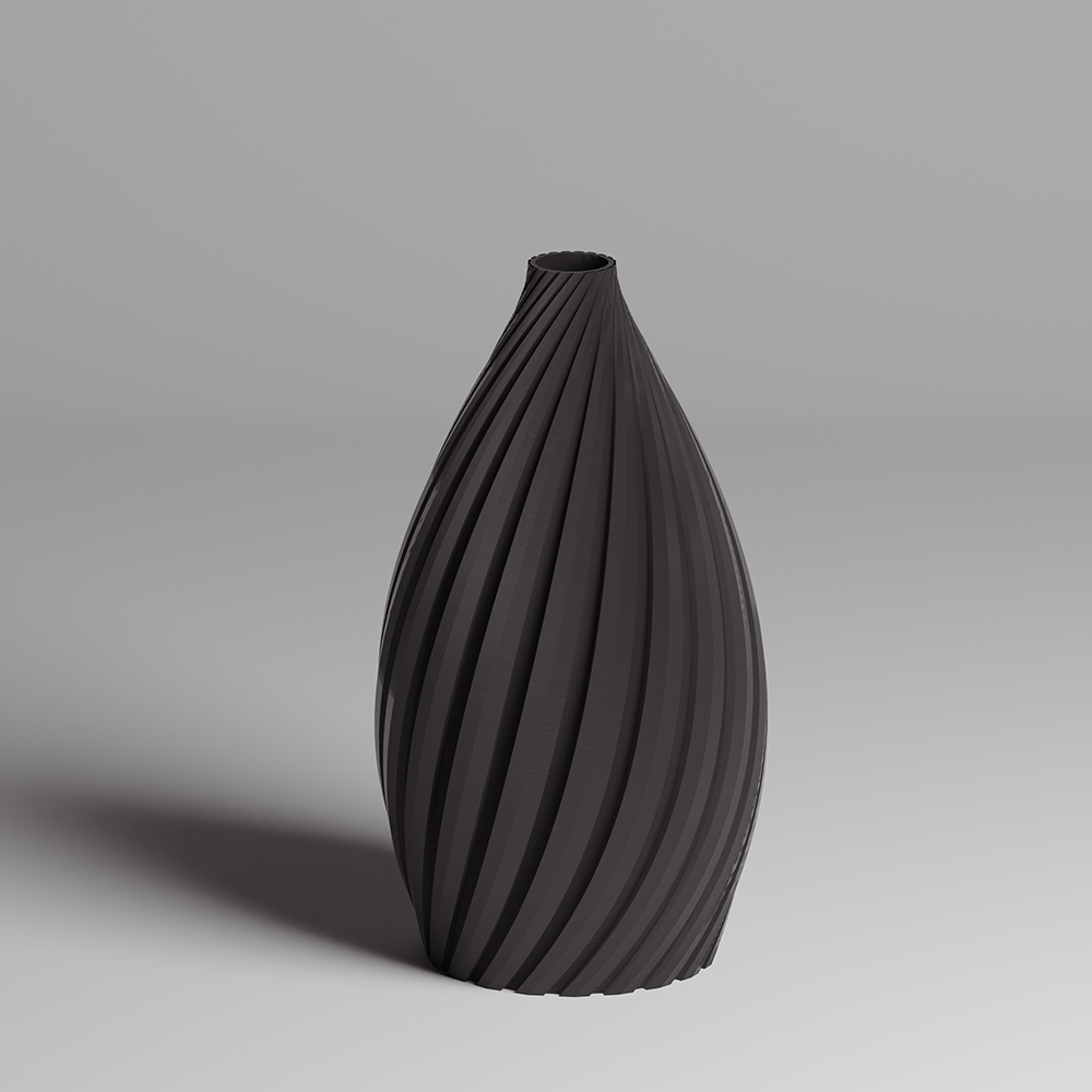 Black ribbed 3d printed vase on a gray background