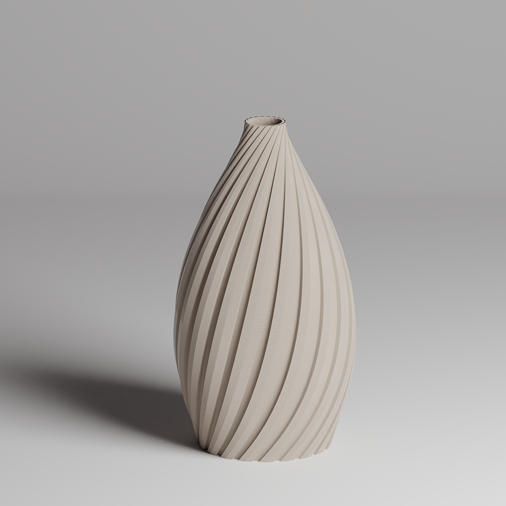 Beige 3d print vase with ribbed texture on a gray background
