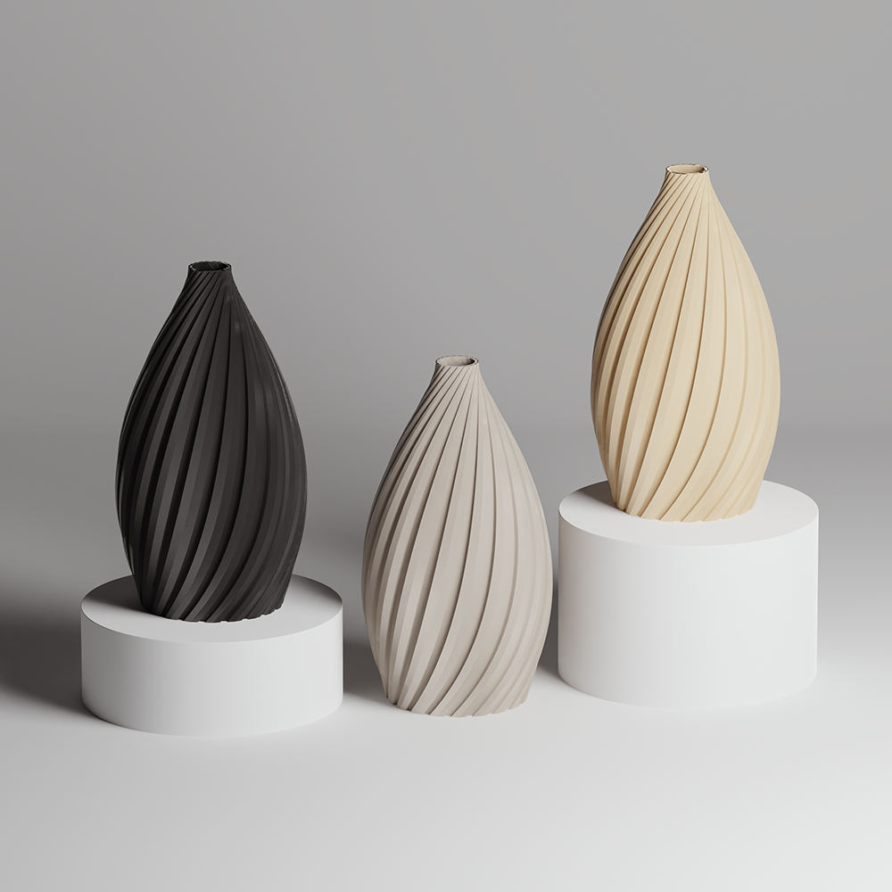 Three decorative vases with textured surfaces on white stands against a gray background