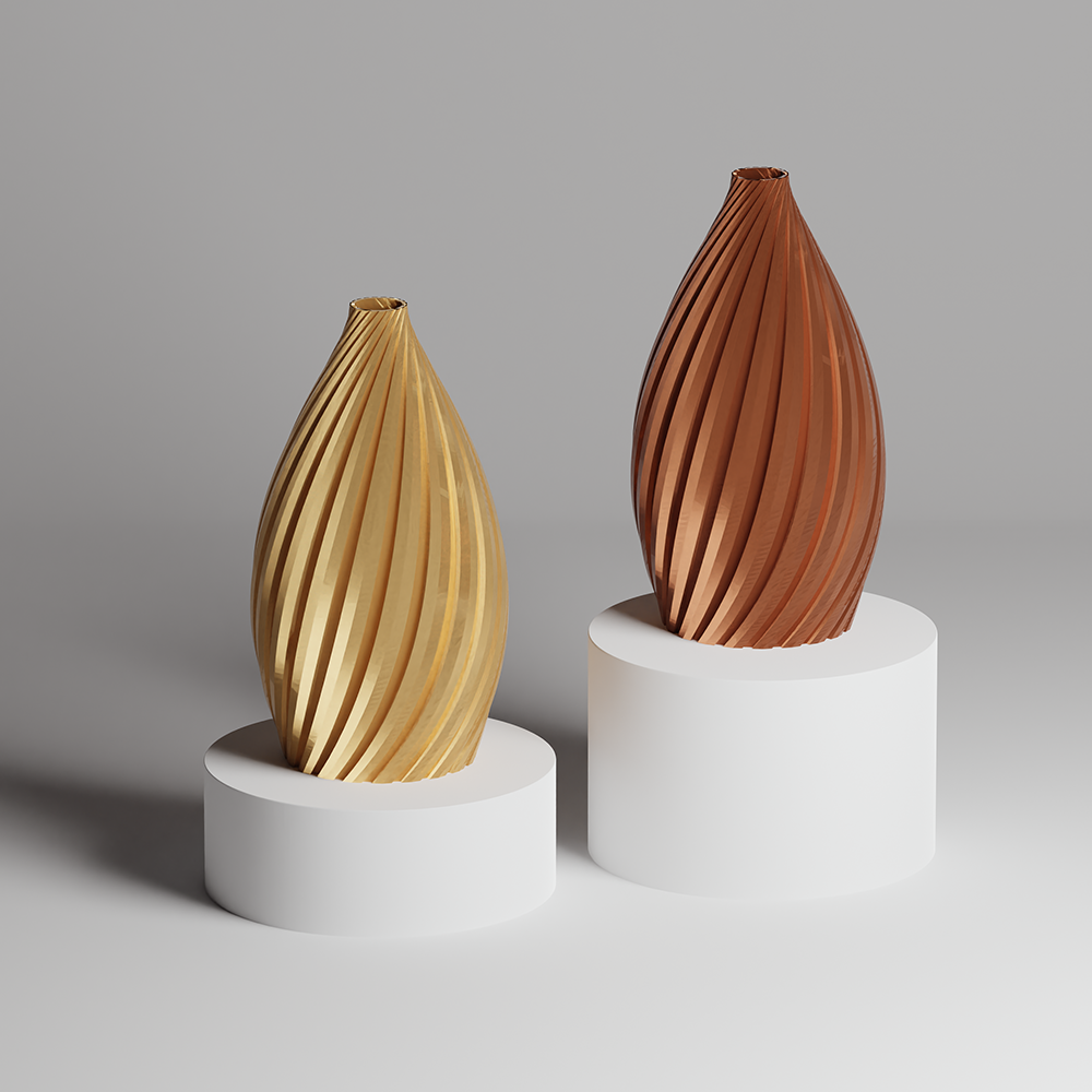 Two 3d printed vases on white pedestals against a gray background
