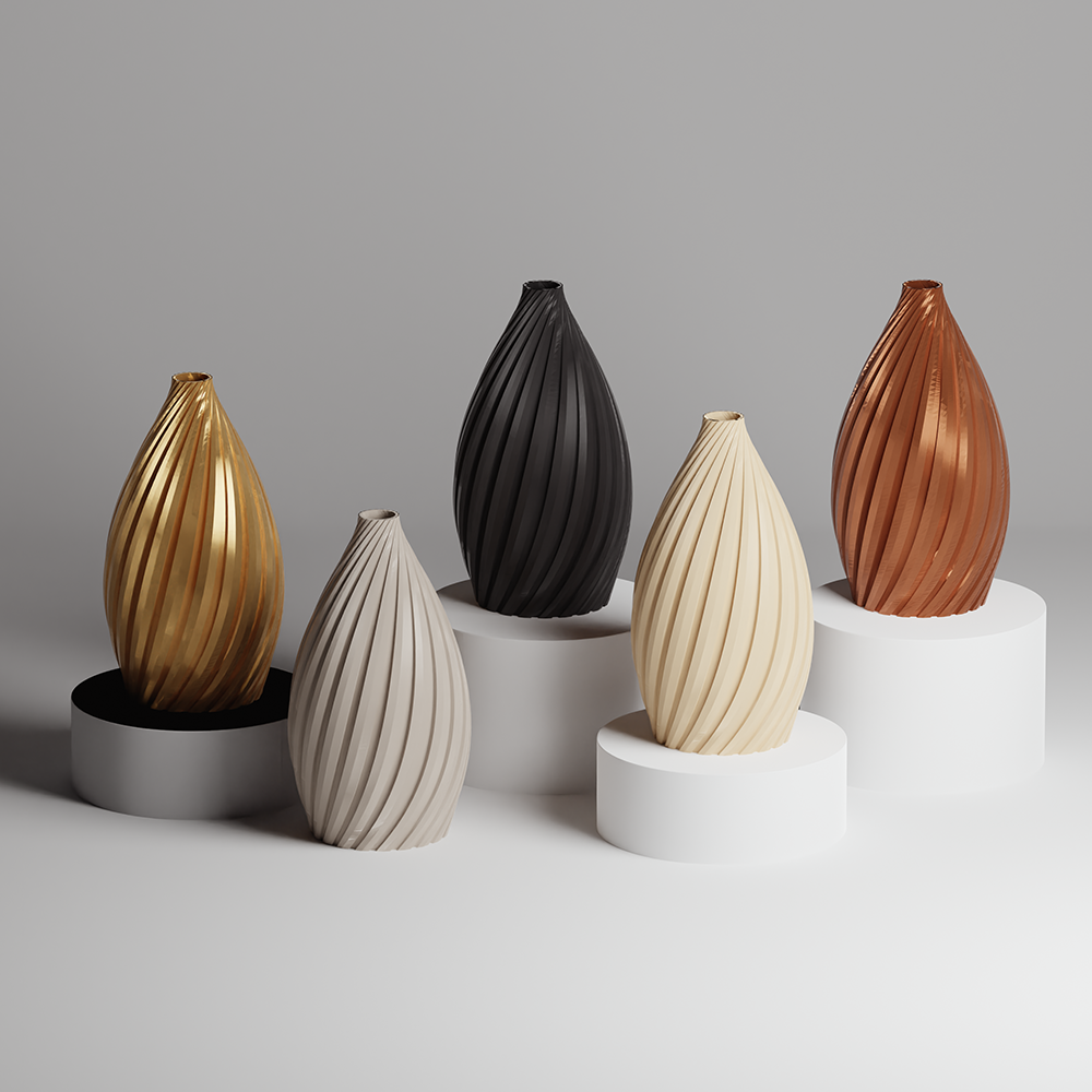 Set of five decorative vases in various colors on a gray background