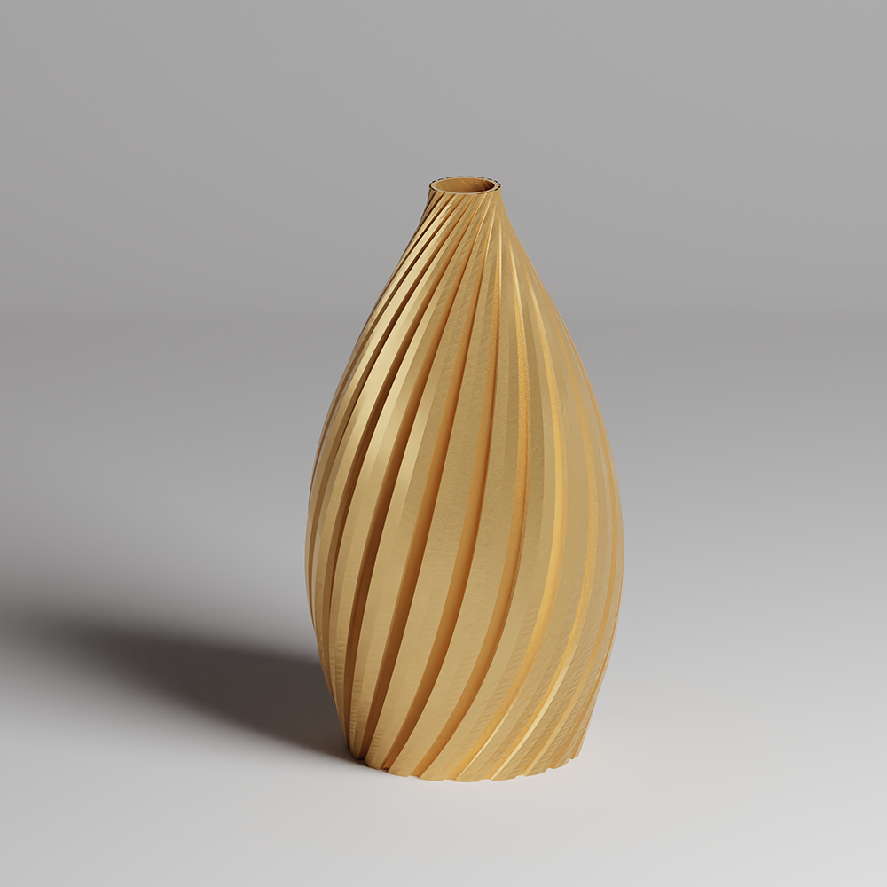 golden color 3d printed vase with a textured, ribbed design on a gray background