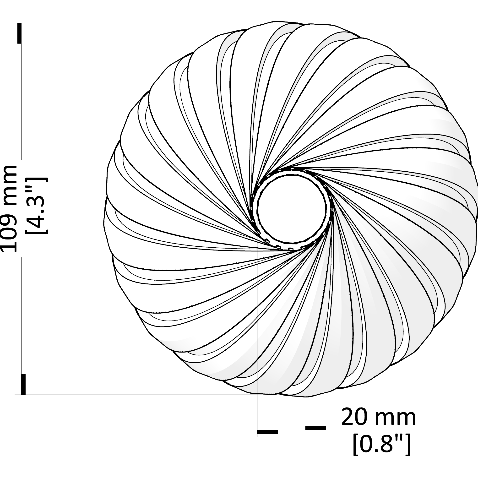 Illustration of a spiral shell with dimensions labeled