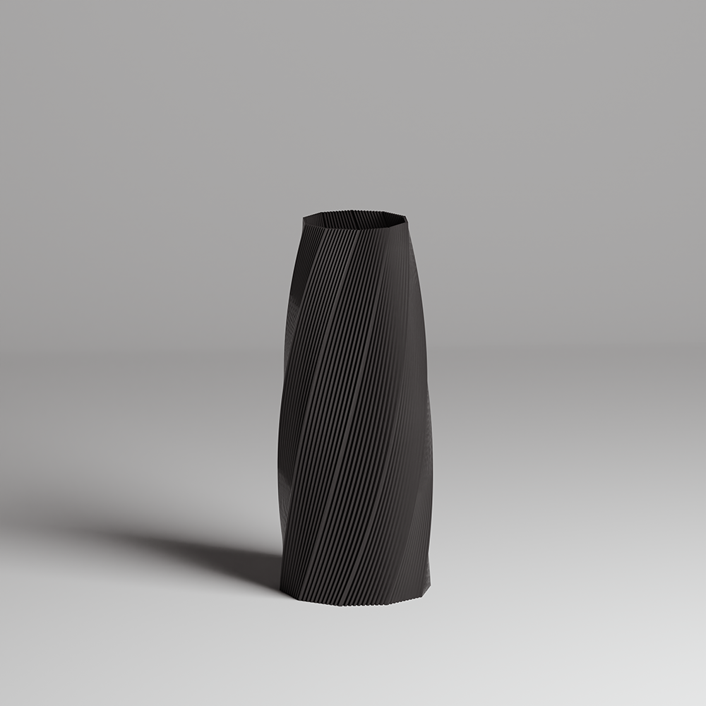 Black textured vase on a gray background