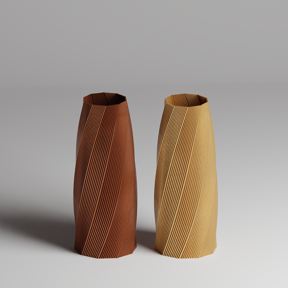 Two ribbed vases, one brown and one beige, on a gray background