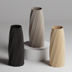Three 3d printed vases in black, gray, and beige on a neutral background