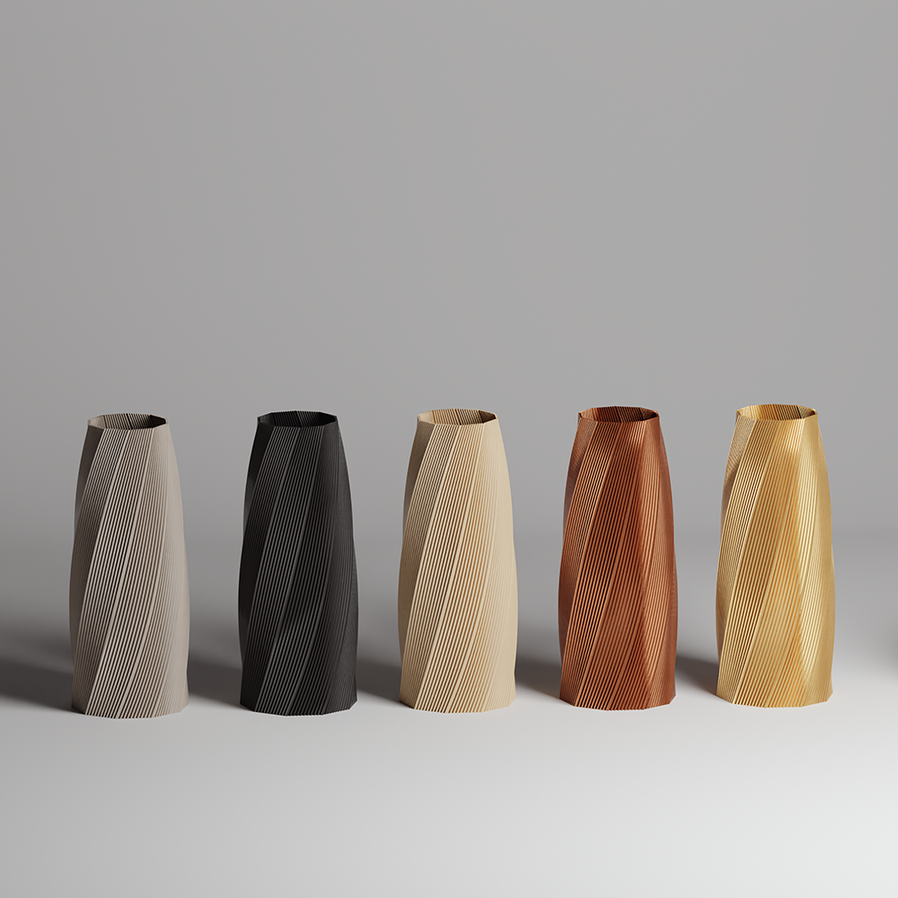 Five vases of different colors and finishes on a gray background