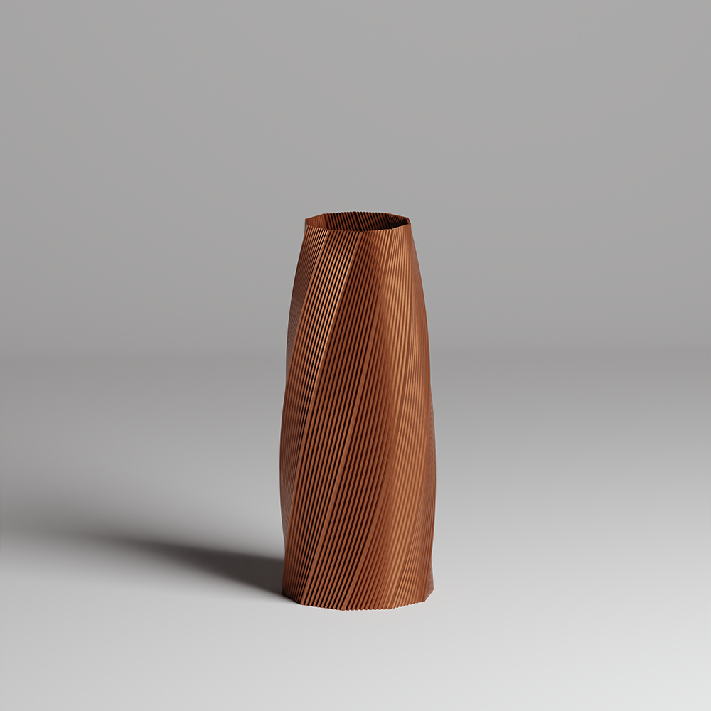 Brown  3d print vase with a textured design on a gray background