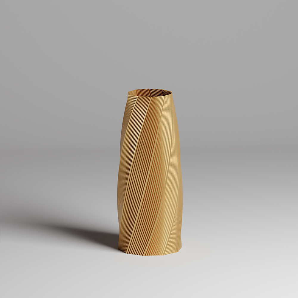 golden color 3d printe vase with a textured design on a gray background