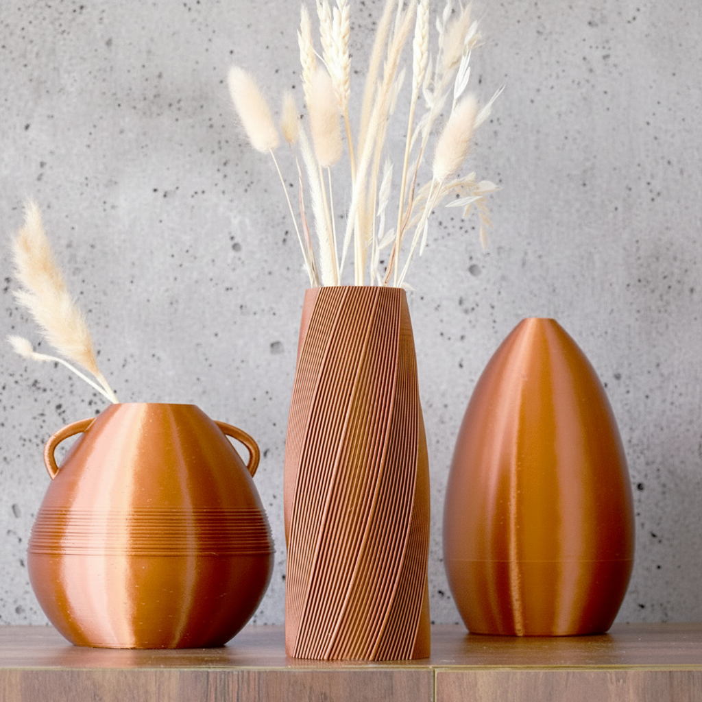 Three wooden vases with textured designs on a wooden surface.