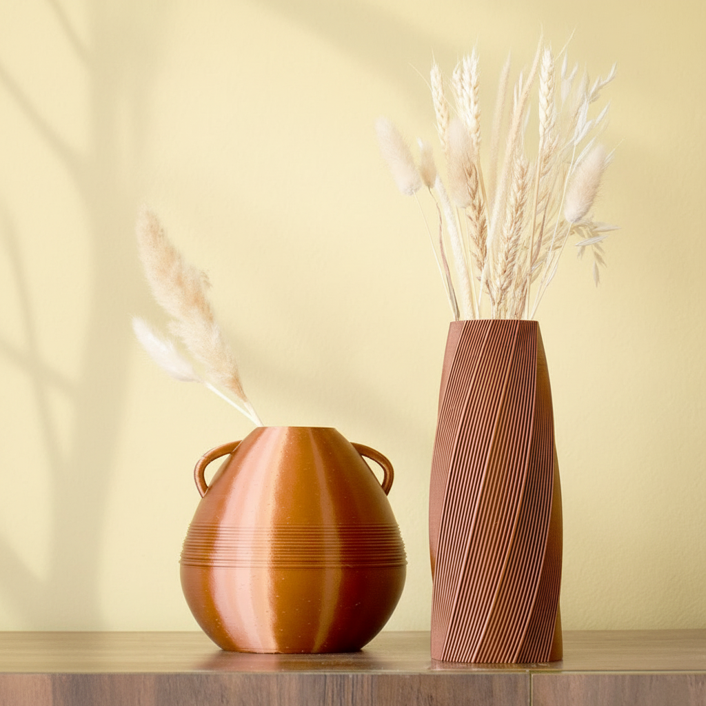 Two 3d printed vases with decorative elements on a light background