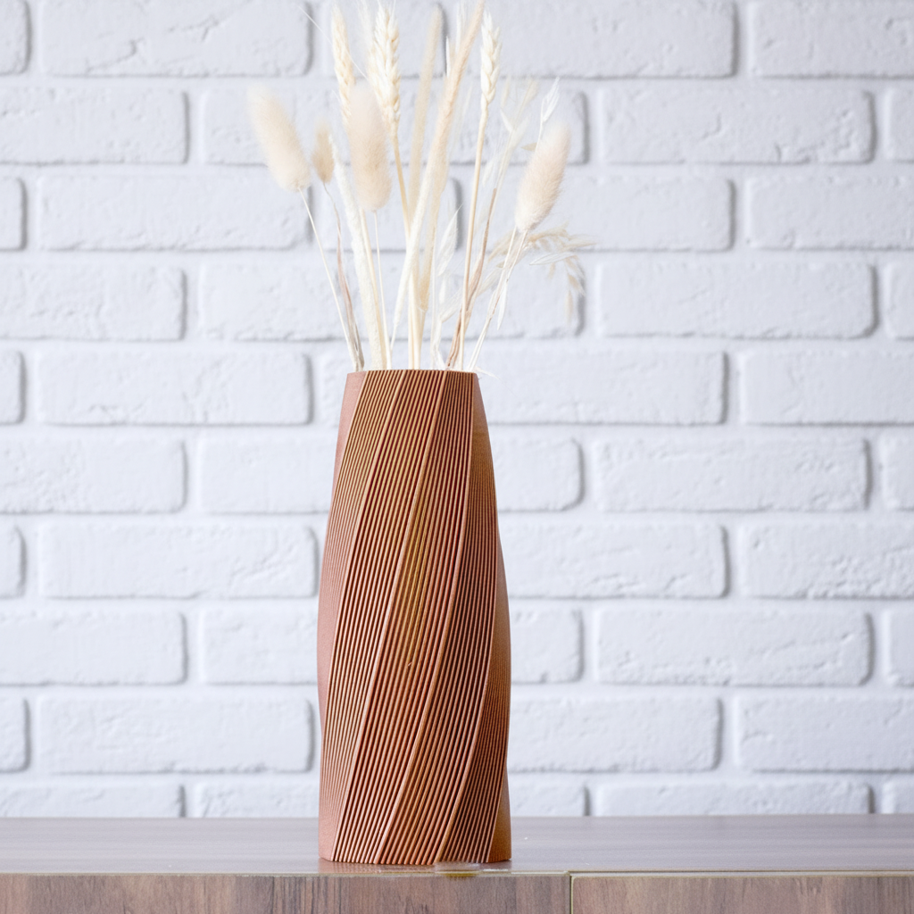 Wooden vase with wavy design on a white background