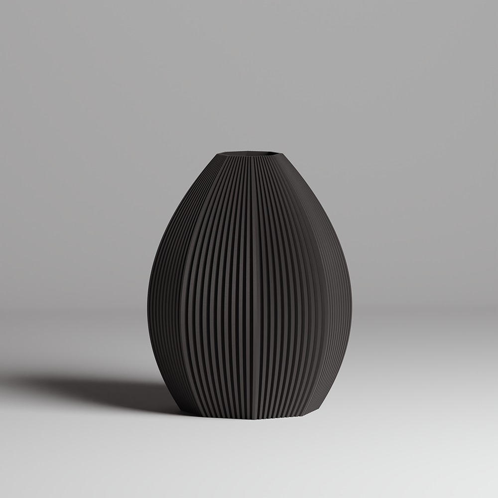 Black textured vase on a gray background