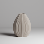 Beige 3d printed vase with ribbed texture on a gray background