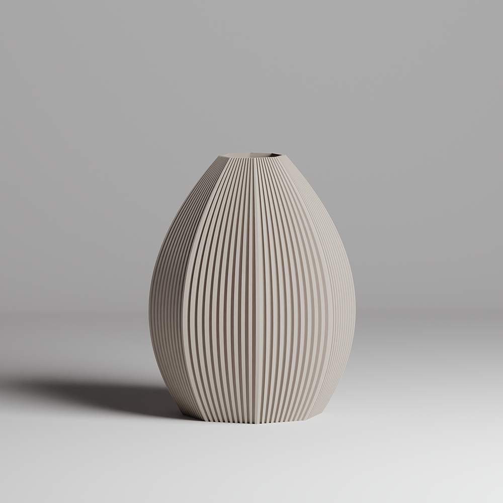 Beige 3d printed vase with ribbed texture on a gray background