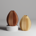 Two wooden vases with a ribbed texture on a gray background