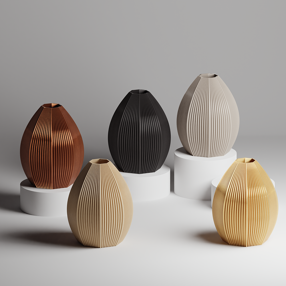 Set of five textured vases in various colors on a neutral background