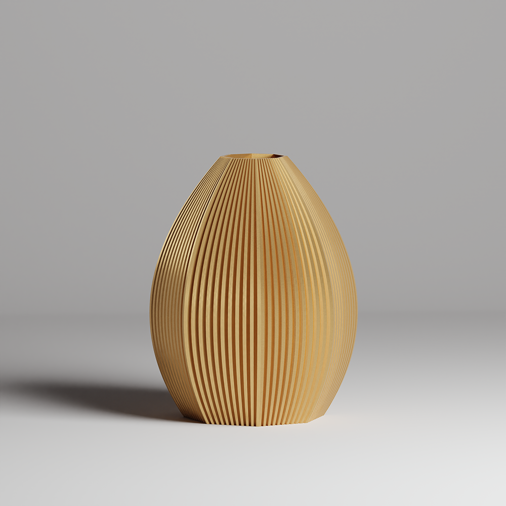 Golden color vase with textured surface on a gray background