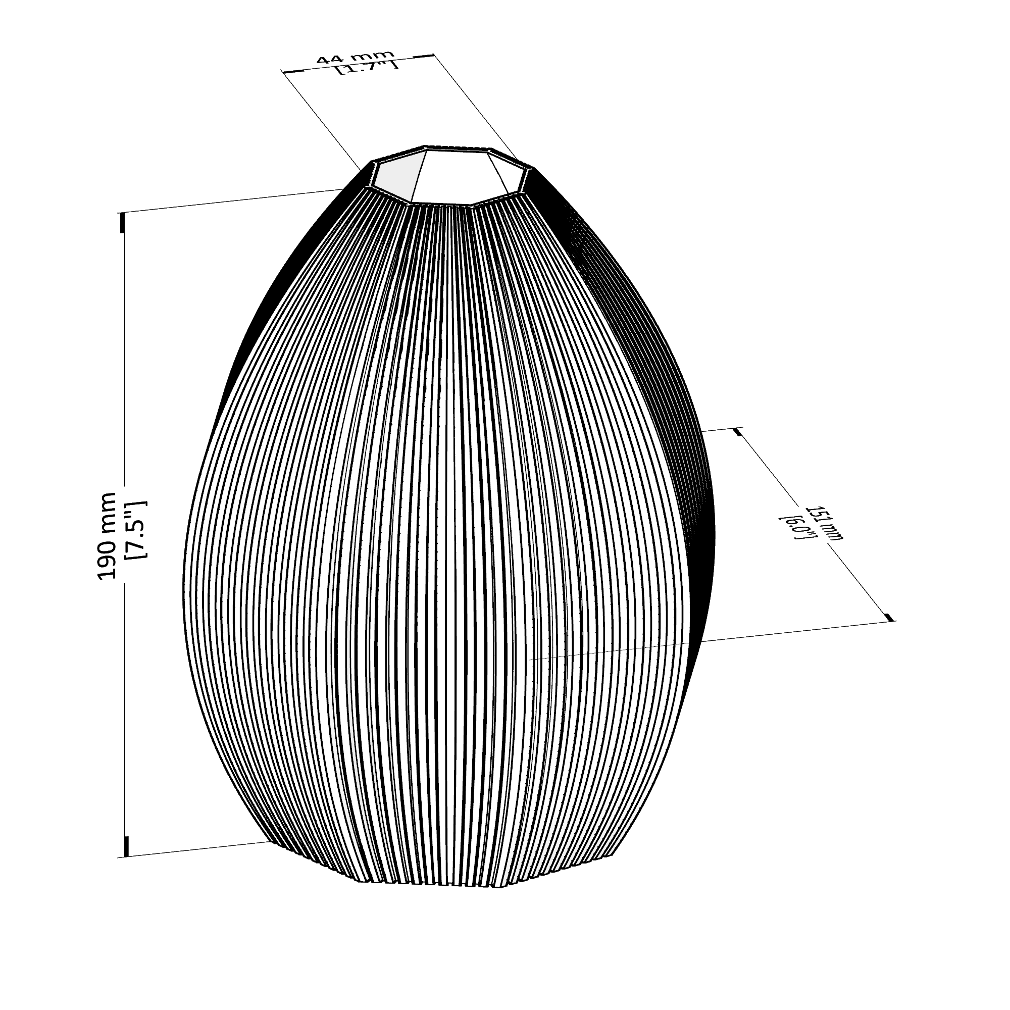 Black and white geometric vase with measurements on a white background