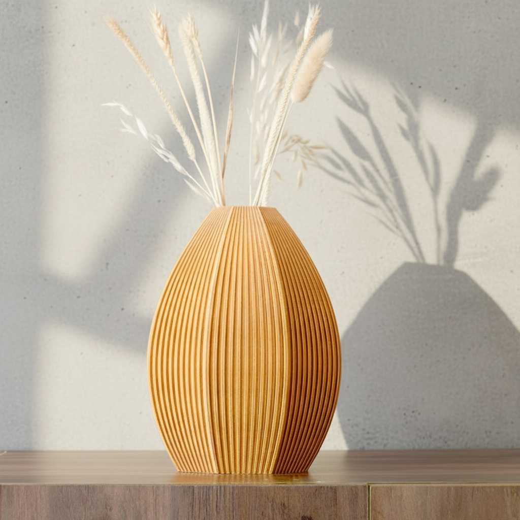 Wooden vase with decorative elements on a wooden surface against a light background