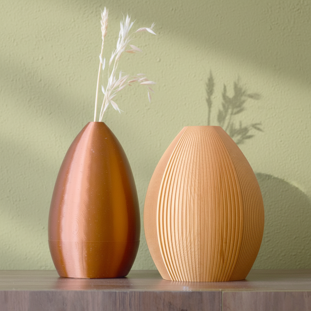 Two 3d printed vases with textured surfaces on a wooden surface against a light green wall.