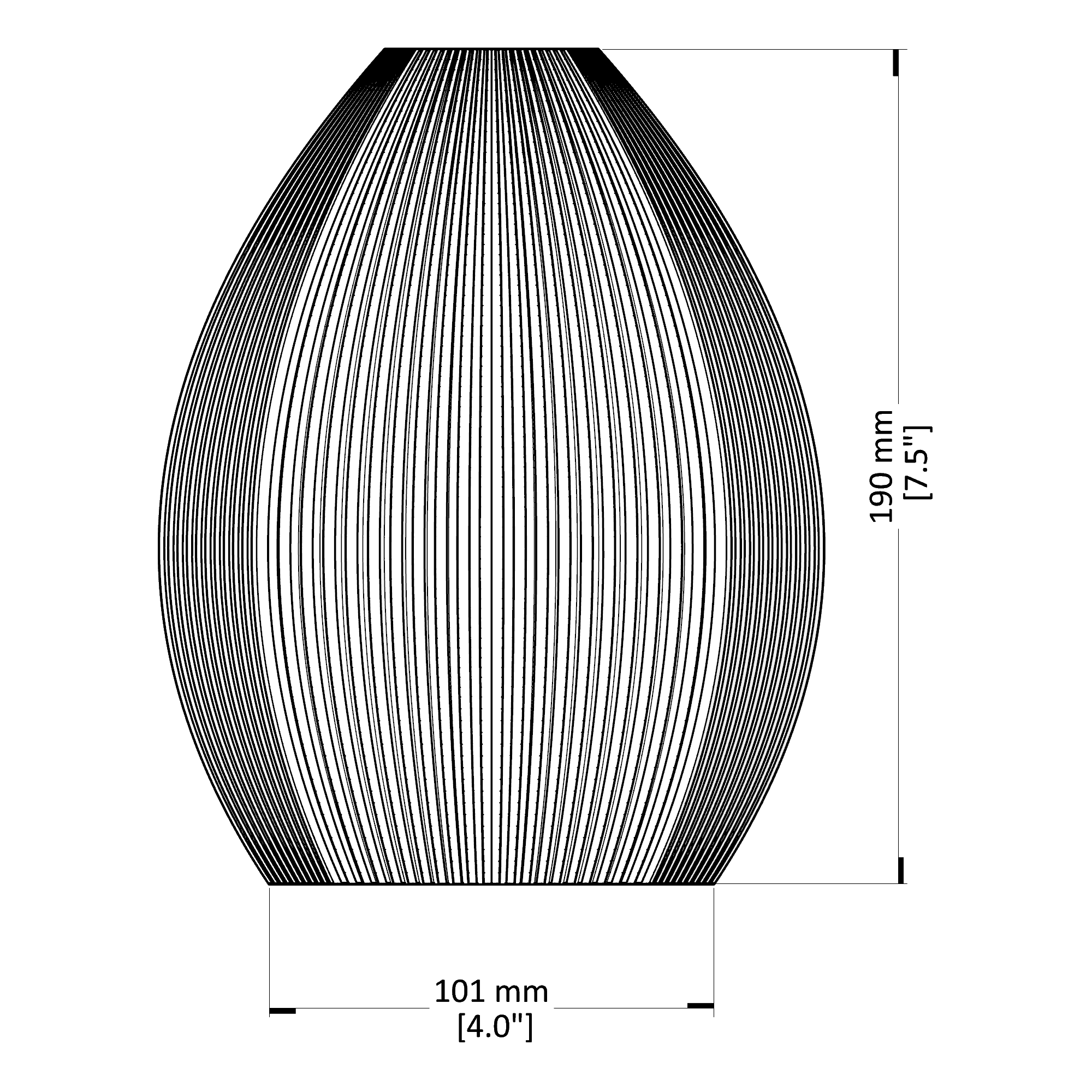 Black and white line drawing of a vase with dimensions