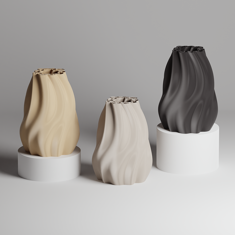 Three 3d printed vases in beige, gray, and black on a light gray background