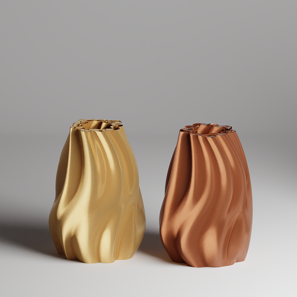 Two gold and bronze color 3d printed vases on a gray background