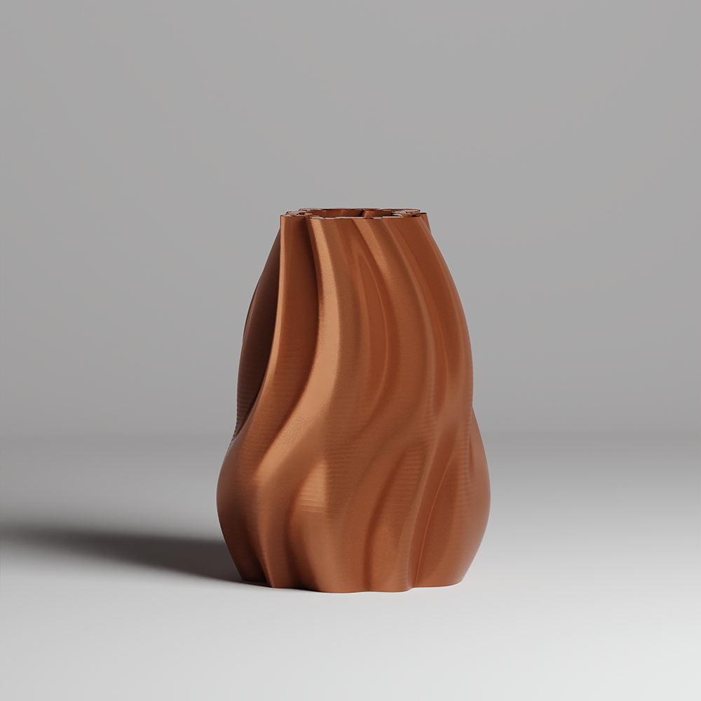 Brown 3d print vase with wavy design on a gray background