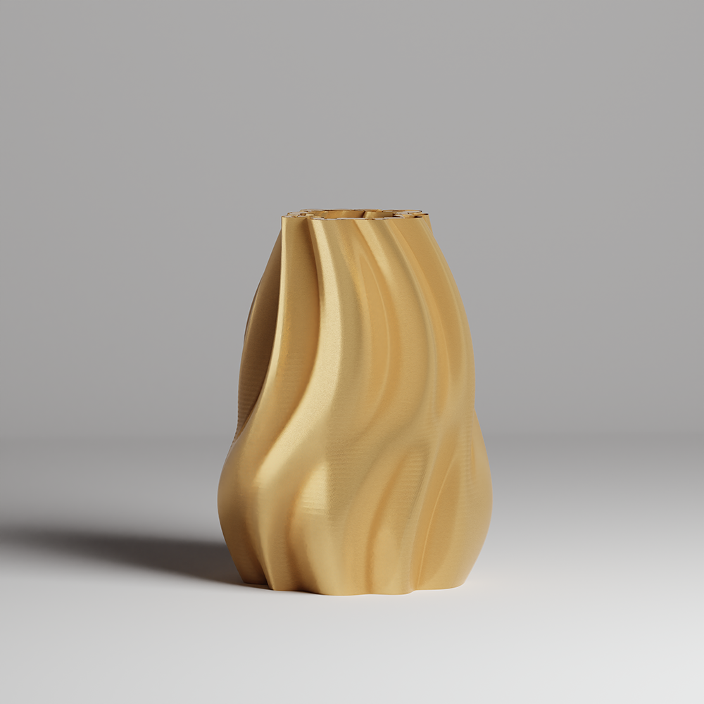 Golden color vase with wavy design on a gray background