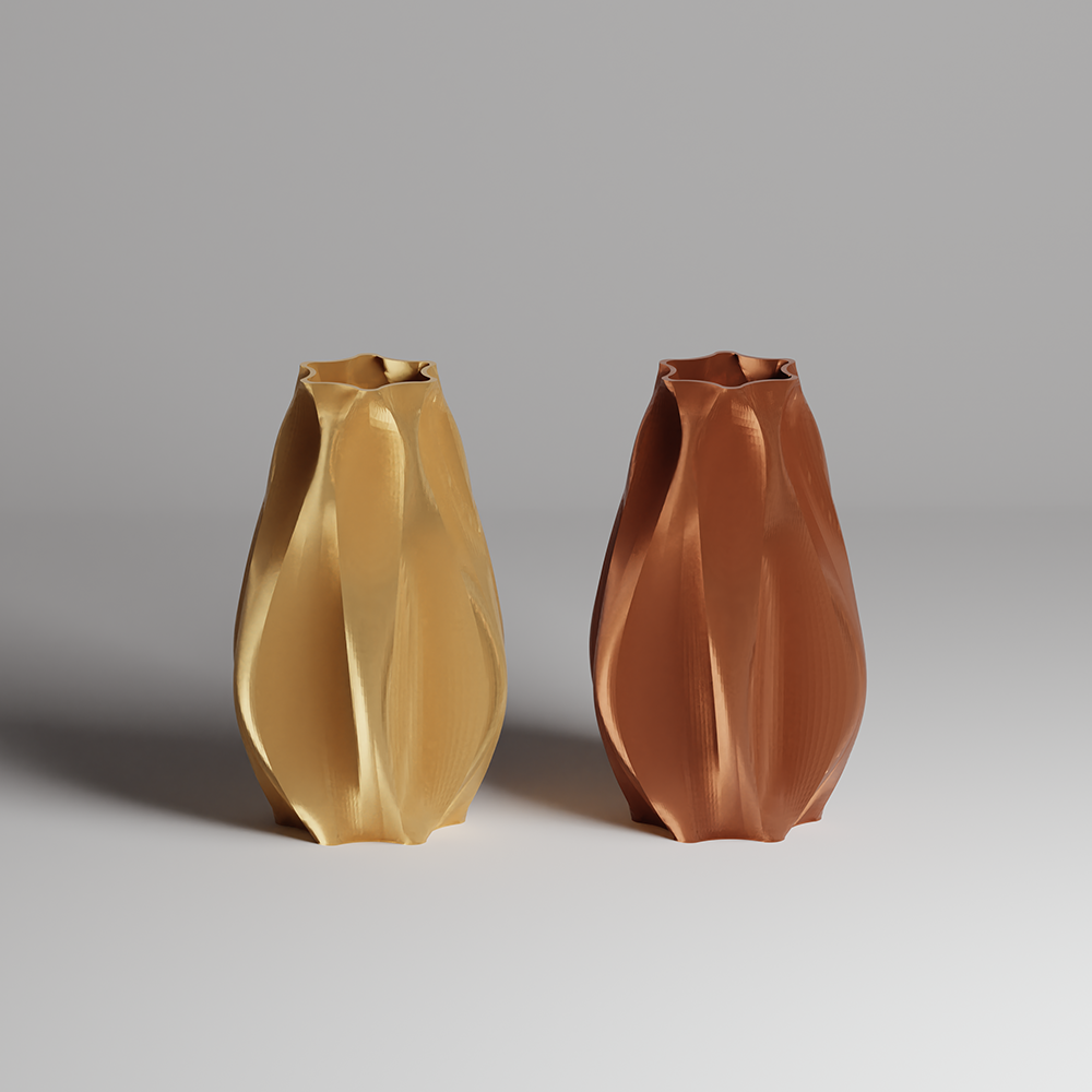 Two metallic 3d printed vases, one gold and one brown, on a gray background
