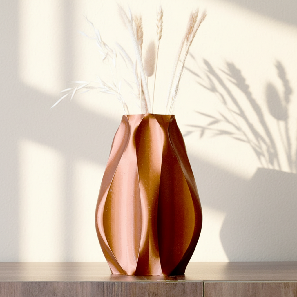 Copper vase with dried plants on a wooden surface and light blue background