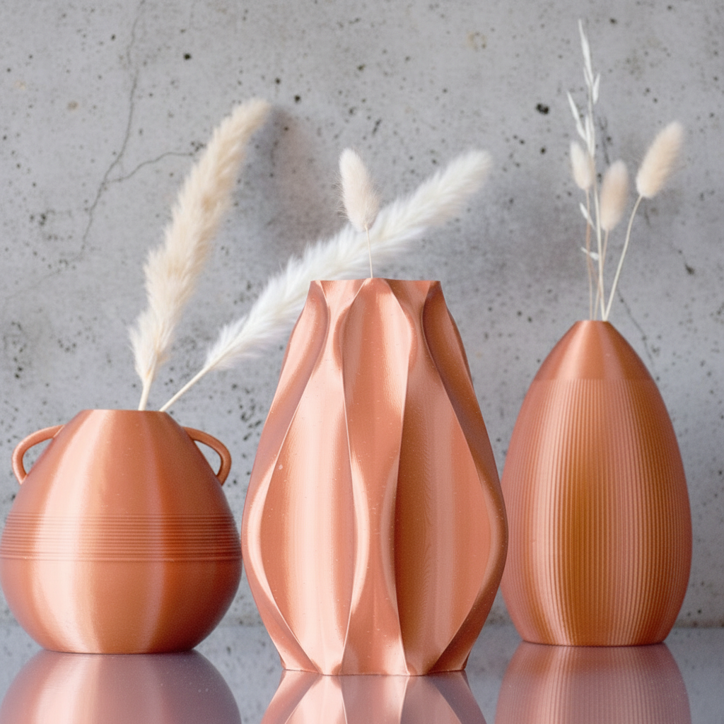 Three wooden vases with wicker accents on a wooden surface against a light gray background