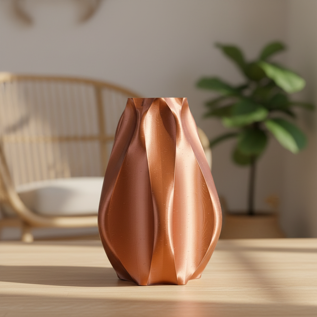 Copper-colored vase with wavy design on a light blue background