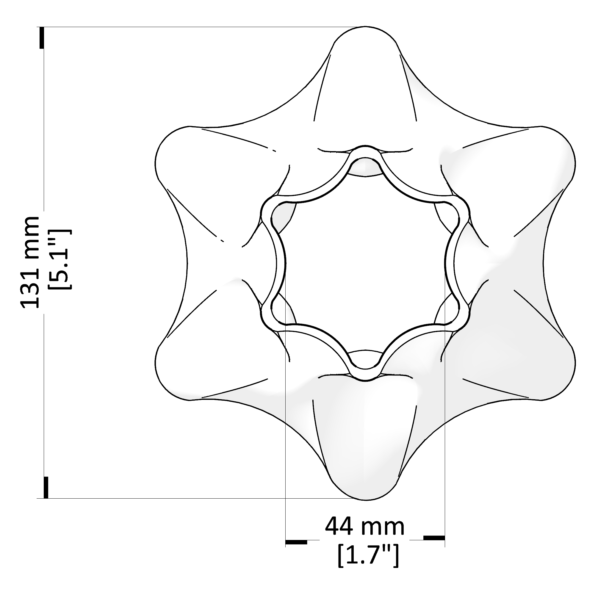 Star-shaped object with measurements on a white background