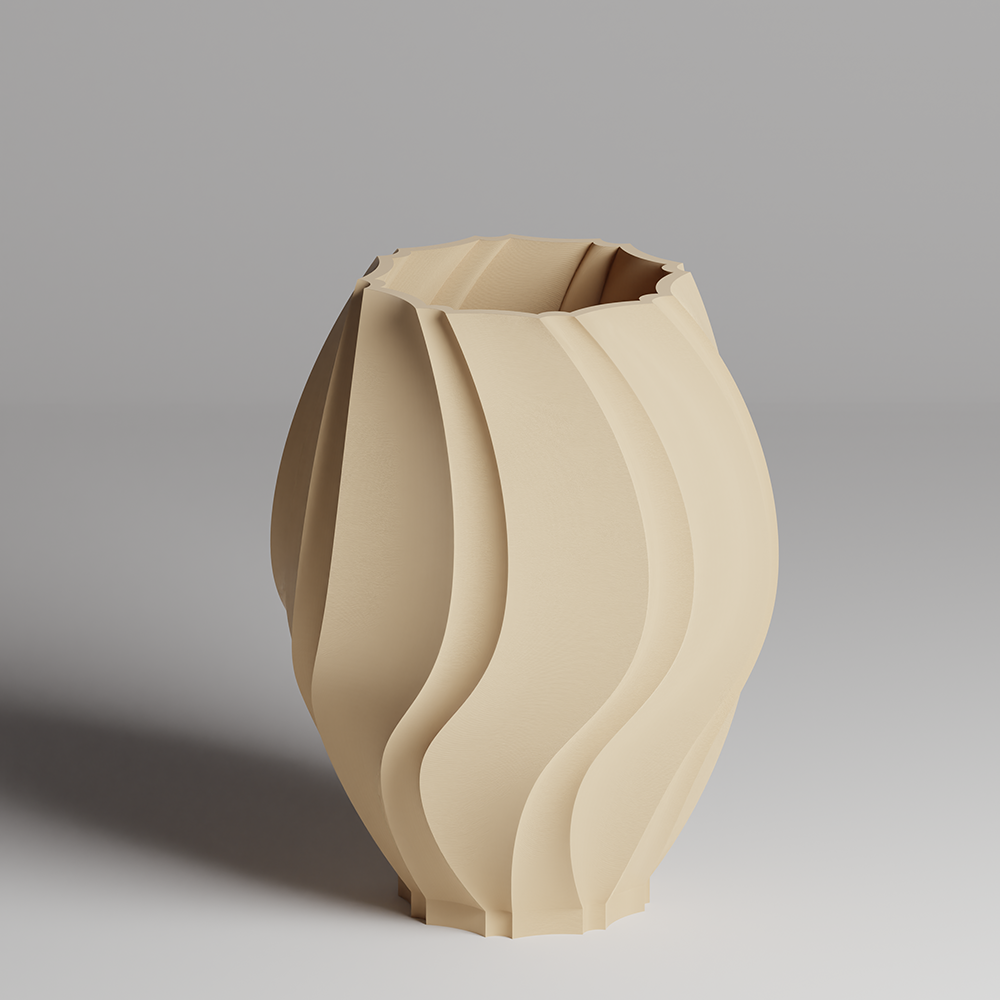 Beige 3d print vase with wavy design on a gray background
