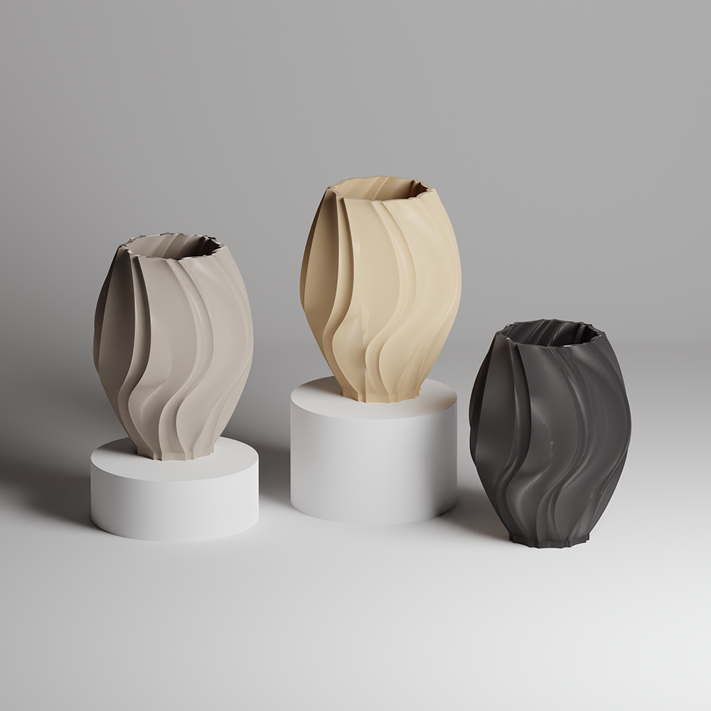 Three 3d print vases in beige, brown, and gray on a gray background