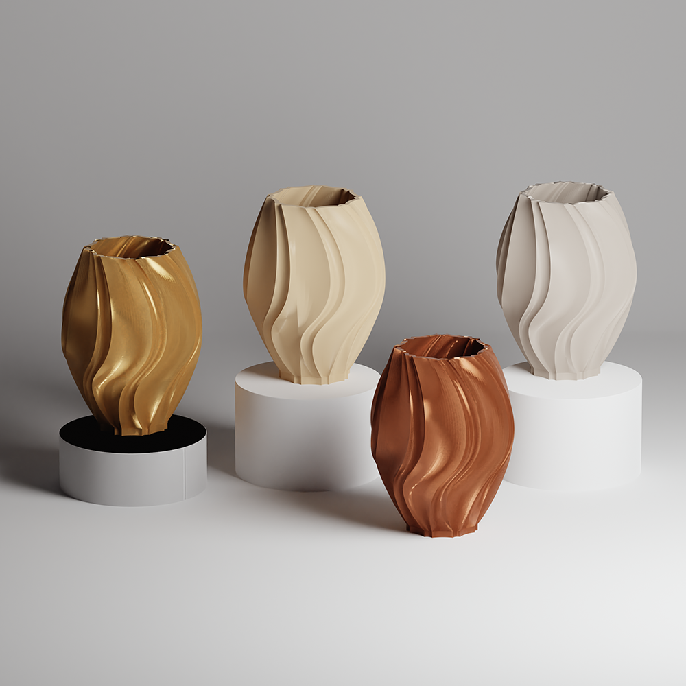 Four vases in gold, beige, and bronze on a gray background