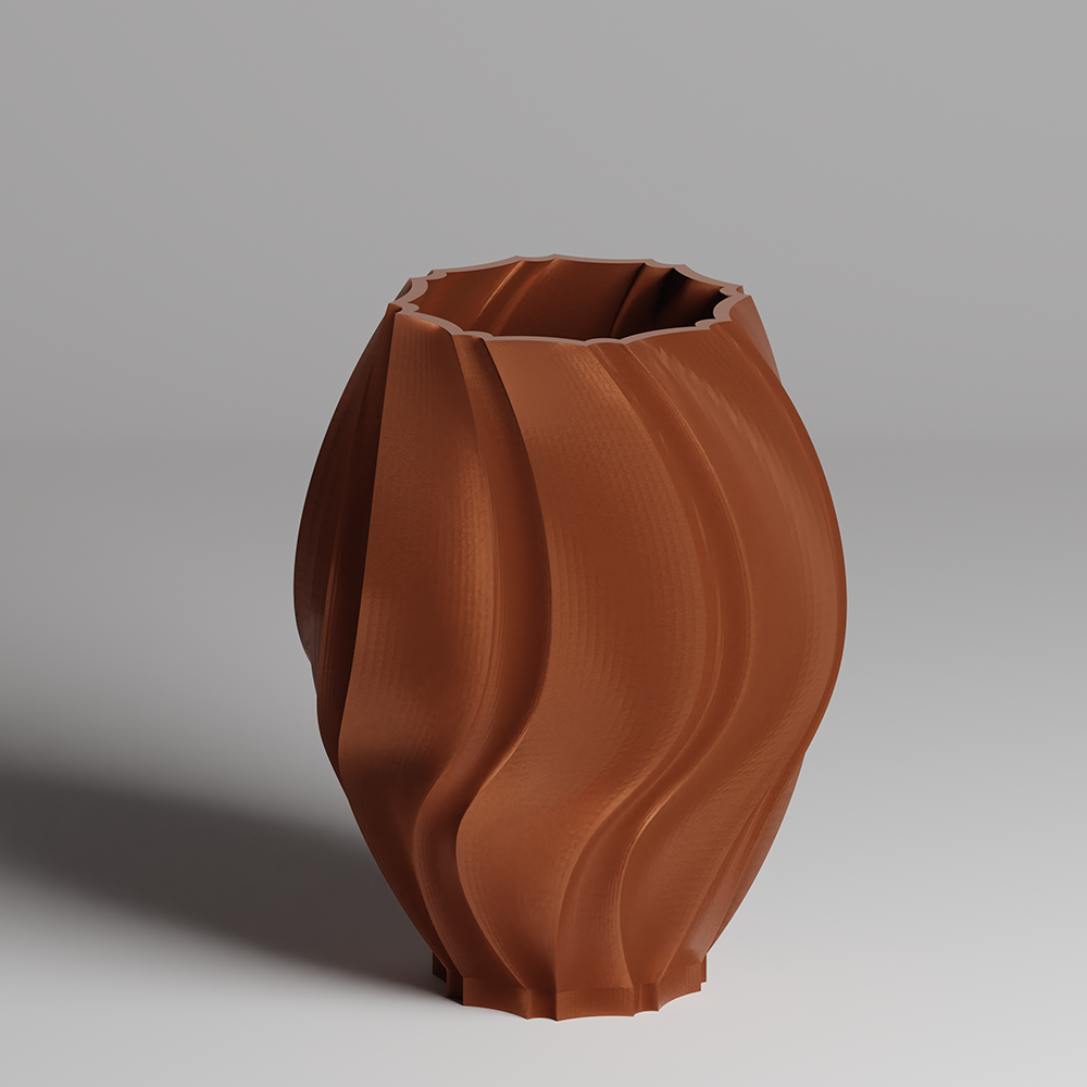 Brown ceramic vase with wavy design on a gray background