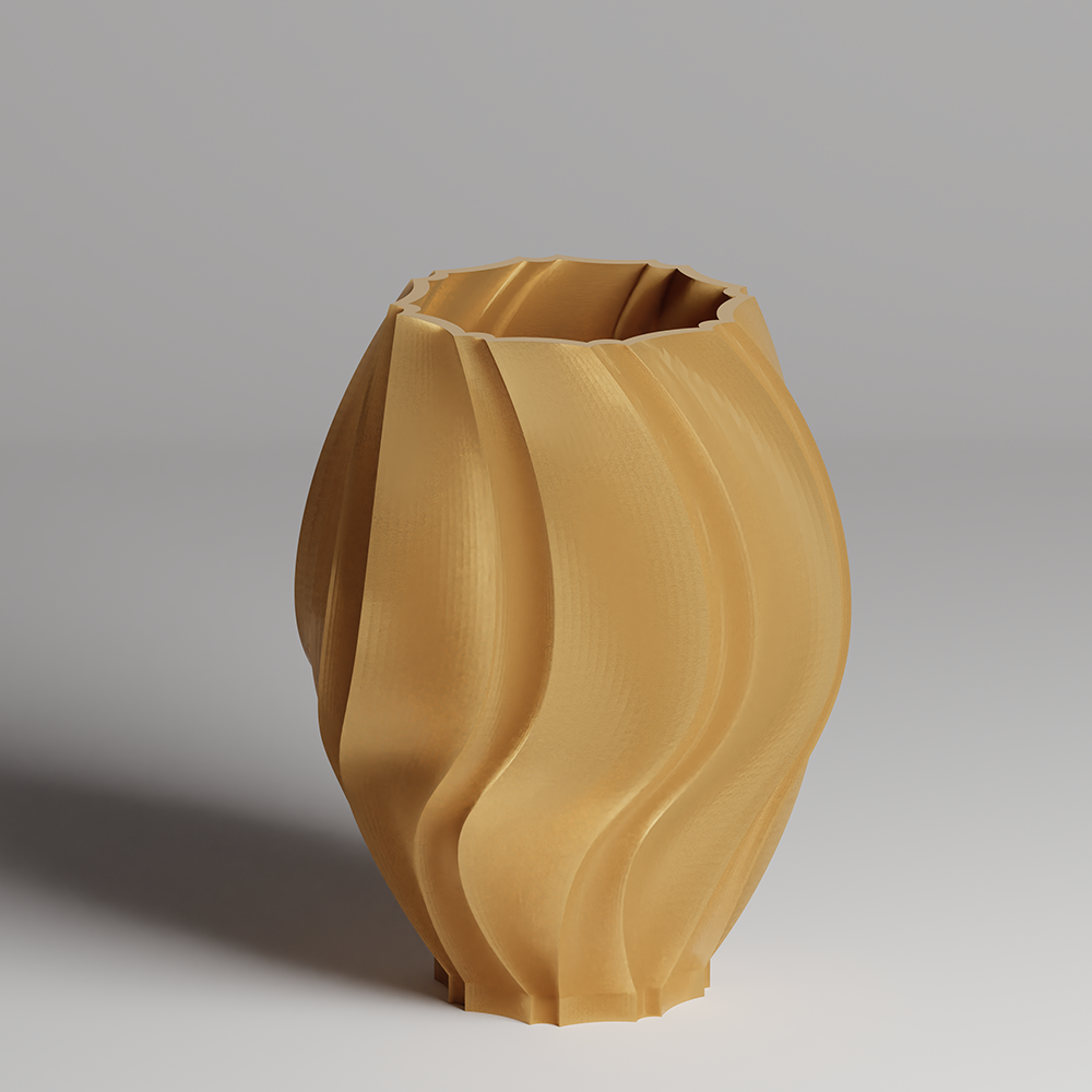 Brown 3d print vase with wavy design on a gray background