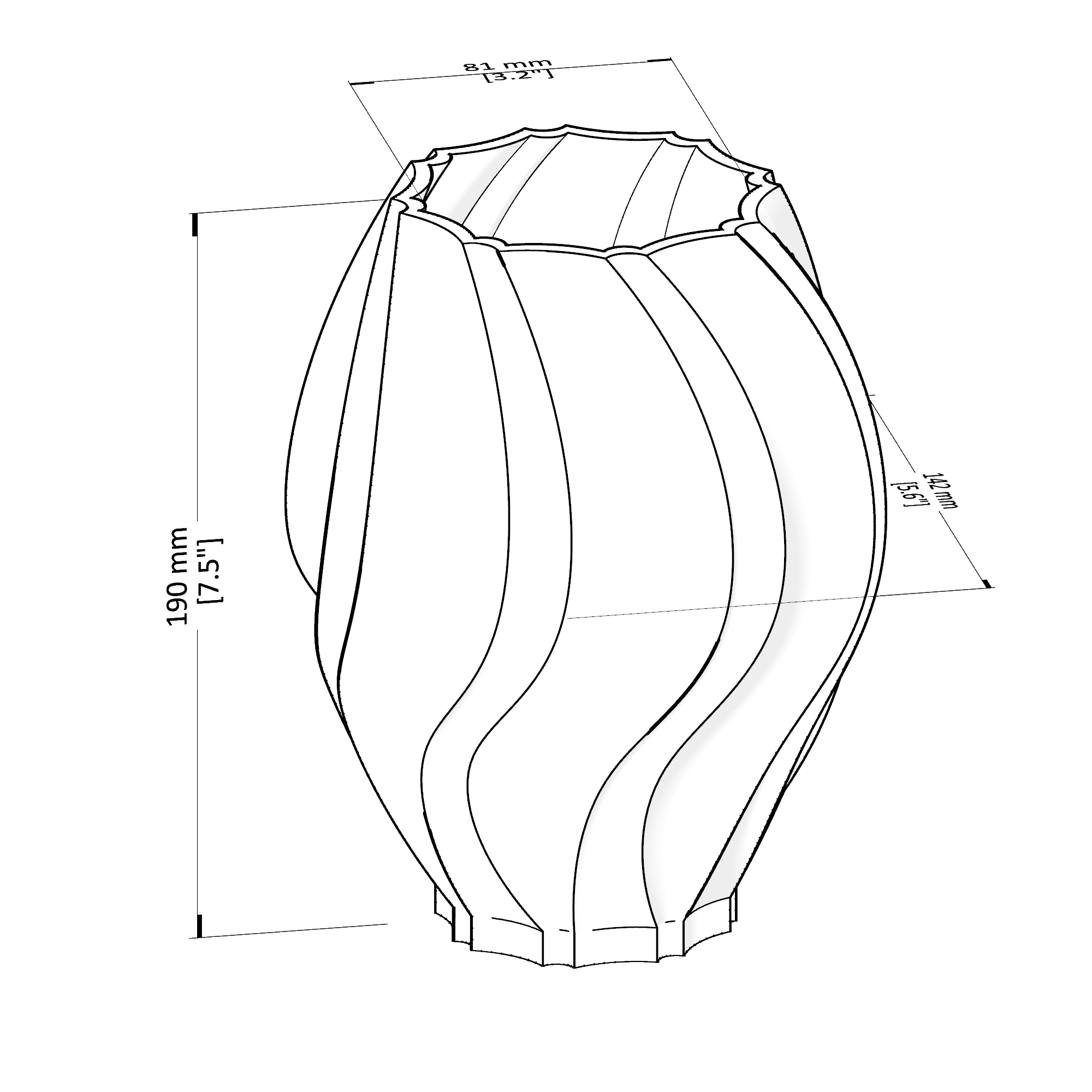 Technical drawing of a decorative vase with dimensions
