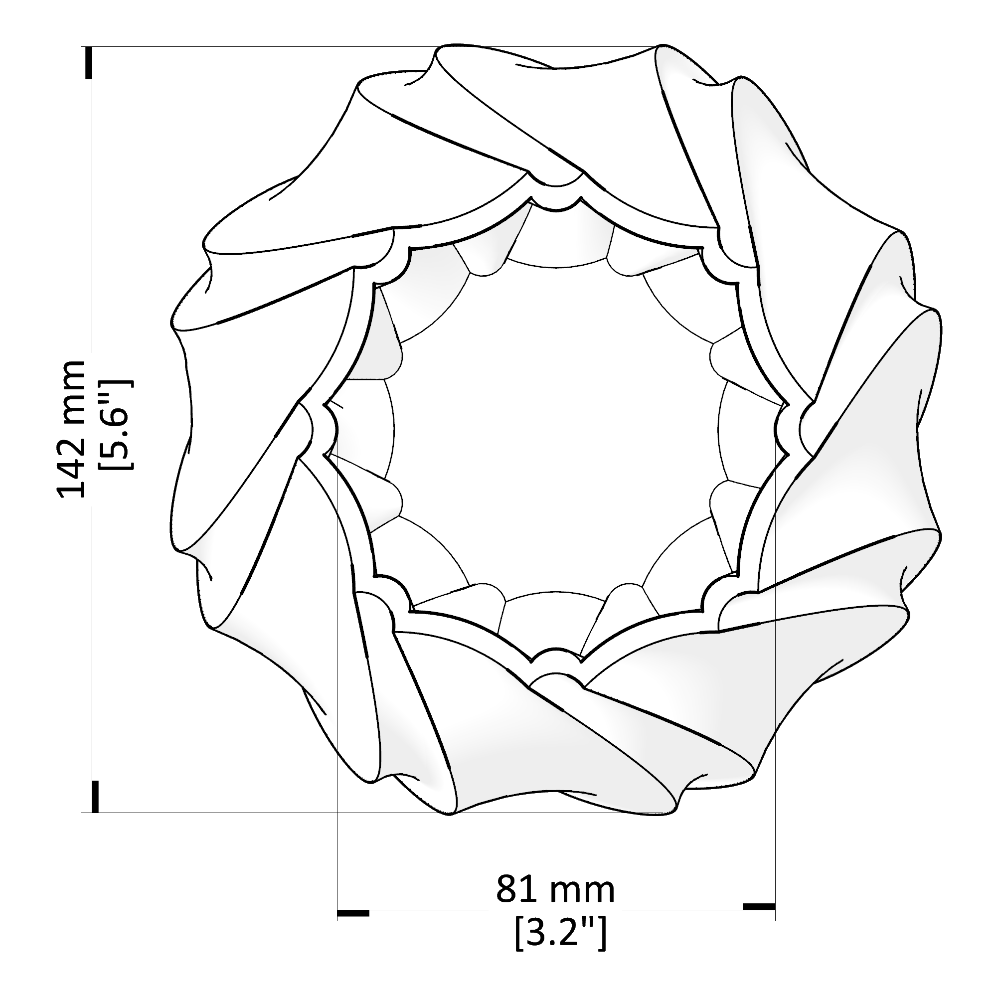 Technical drawing of a decorative mirror with dimensions labeled