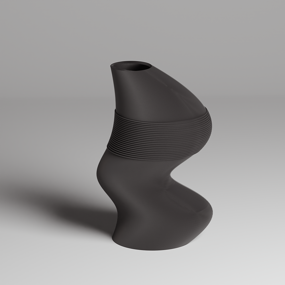 Black, modern vase with ribbed design on a gray background