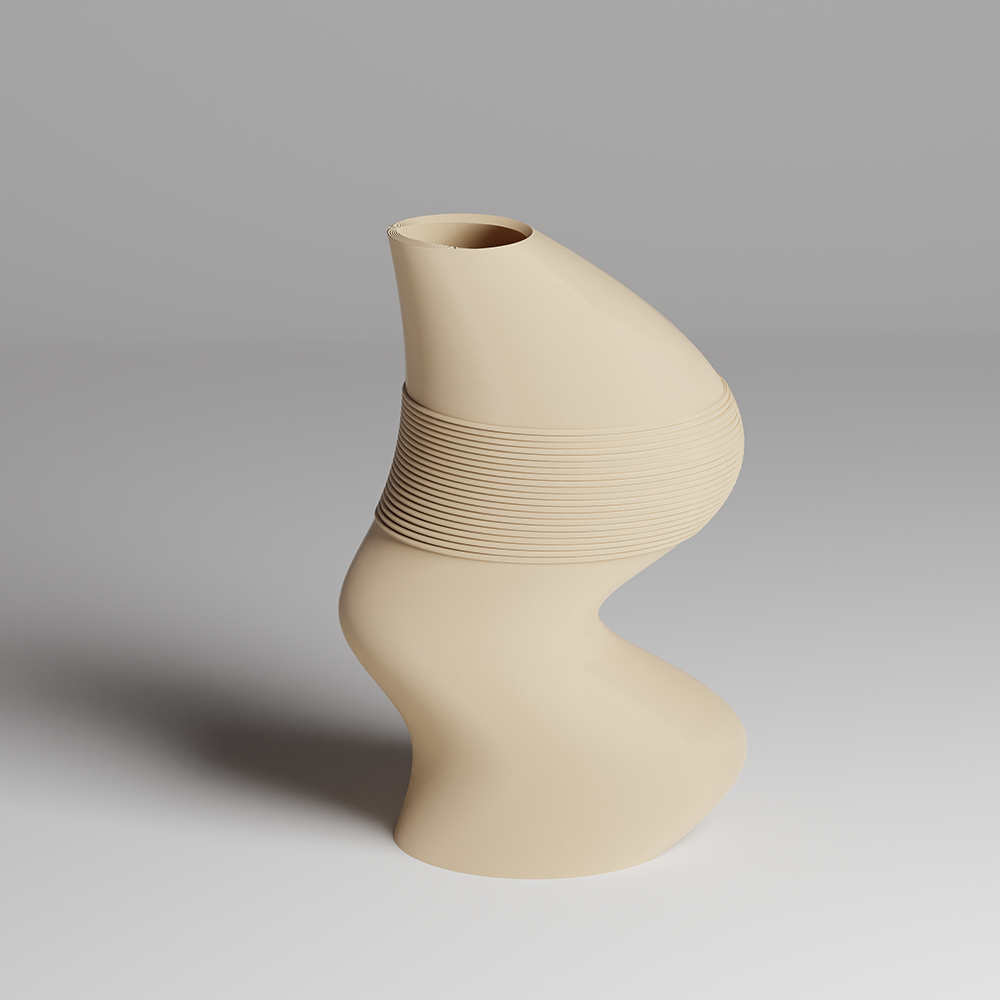 Beige ceramic vase with ribbed design on a gray background