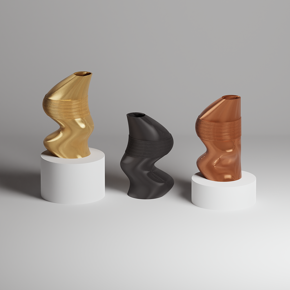 Three unique vases in gold, black, and bronze on white cylindrical stands against a gray background.