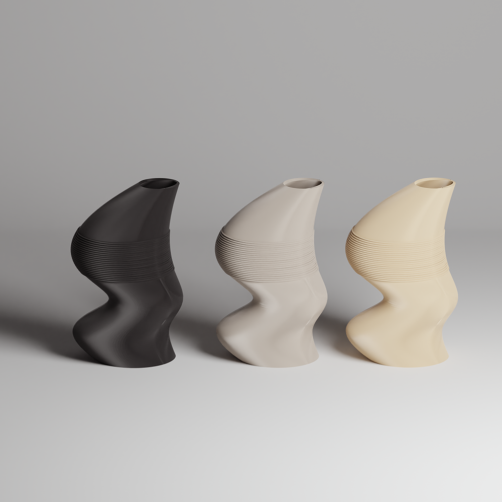 Three ceramic vases in black, beige, and white on a gray background