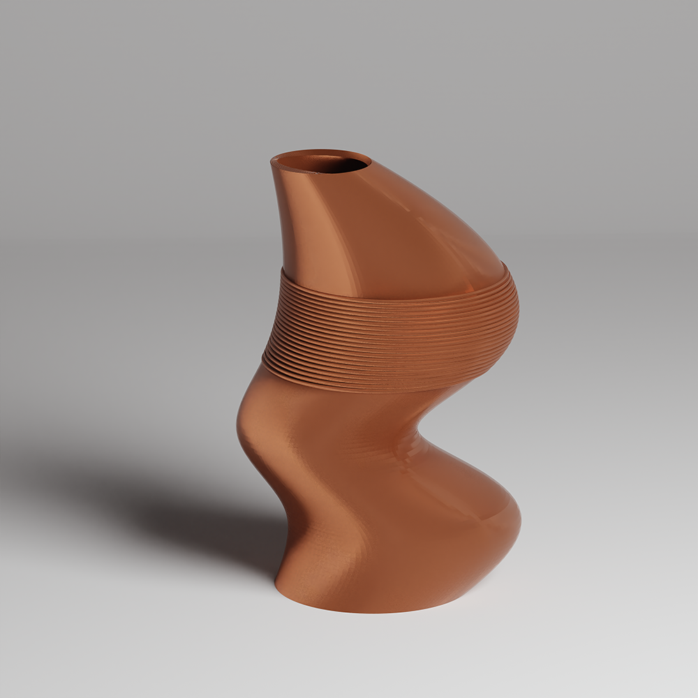 Brown ceramic vase with textured design on a gray background