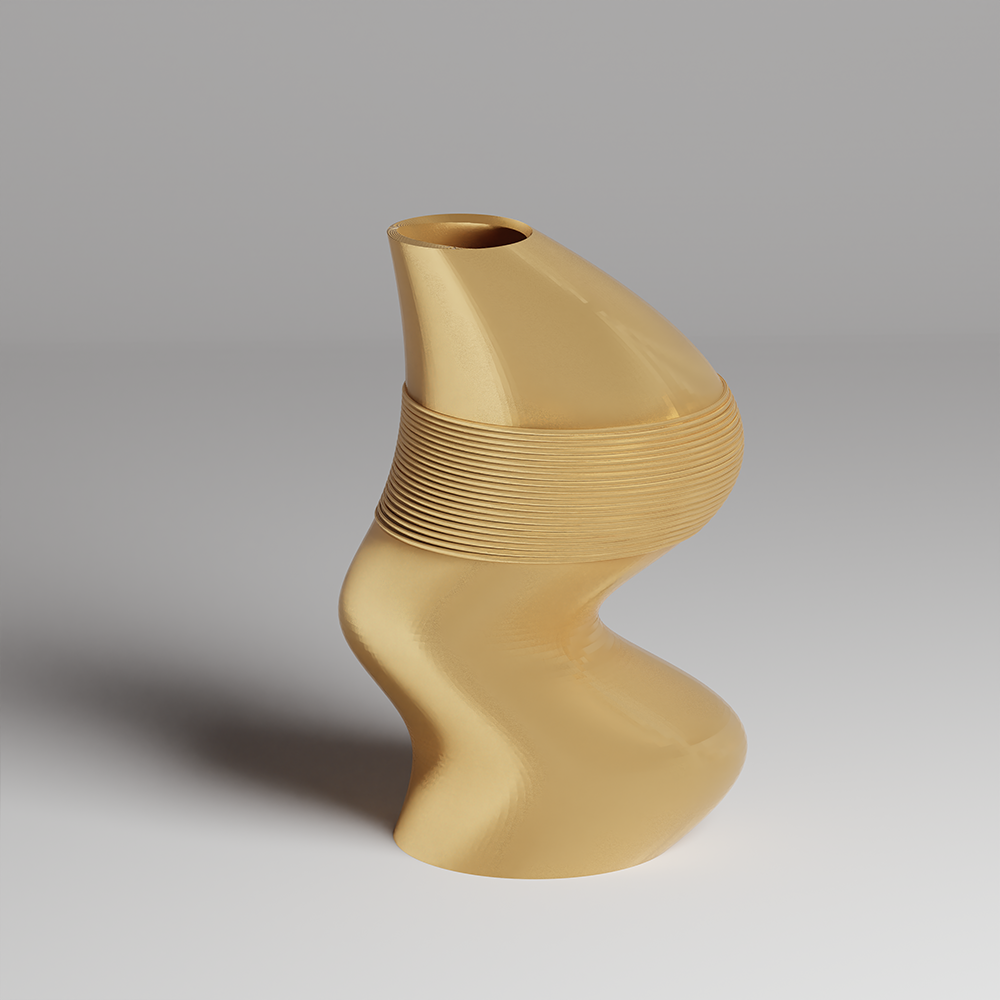 Gold-colored vase with wavy design on a gray background
