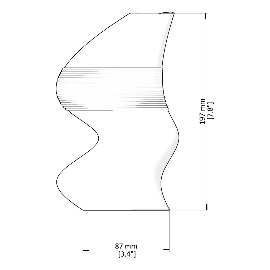 Technical drawing of a curved object with dimensions labeled