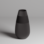 Black vase with textured design on a gray background